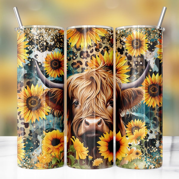Highland Cow Sunflower Prints 20oz Skinny Tumbler Sublimation Designs, Best Seller, Straight 20 oz Tumbler Template, Tumbler Wrap PNG
