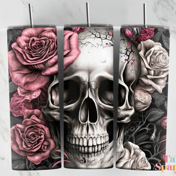 Flower Skull 20 oz Skinny Tumbler Sublimation Design, Instant Digital Download PNG, Straight & Tapered Tumbler Wrap PNG