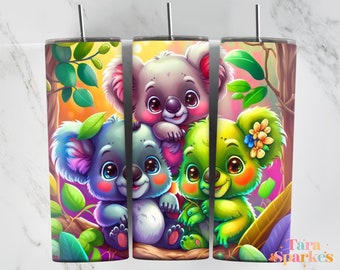 Happy Baby Koalas coloré fourrure yeux ronds 21 modèle de conception de sublimation gobelet enfants 20 oz, gobelet enveloppements pour enfants, téléchargement immédiat PNG