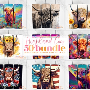 50+  Highland Cow Tumbler Wrap Bundle, Western 20 oz Skinny Tumbler Sublimation Design, Custom Name Personalised Tumbler Wrap Designs PNG