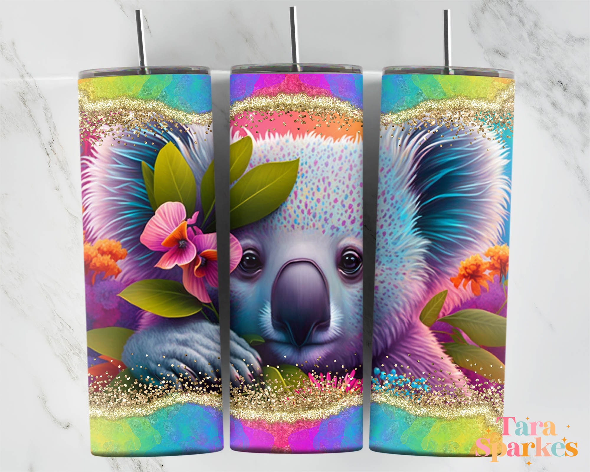 Cute Koala Neon 20 Oz Skinny Tumbler Sublimation Design, Rainbow Alcohol  Ink Glitter, Digital Download, Straight & Tapered Tumbler Wrap PNG 