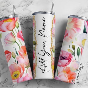 Rosa Tulpen mit grünen Blumen 20 Unzen Sublimation Tumbler Wraps, Muttertag, fügen Sie Ihren eigenen Namen hinzu Tumbler Wrap Designs PNG