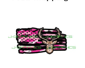 Deer Buck Pink Camouflage USA American Flag Sticker Decal Hunt Hunting C