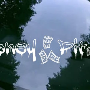 May include: White text on a dark green surface reads "Money Pit" with dollar bill illustrations. The surface reflects a cloudy sky and tree branches, creating a contrast between the text and the background.