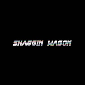 May include: The words "SHAGGIN WAGON" are displayed in a futuristic, iridescent font against a solid black background. The text has a metallic, reflective quality, with colors shifting from silver to shades of blue, green, and pink.