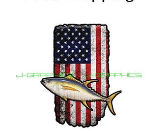 Yellowfin Tuna Fish American Flag Sticker Decal Fishing Boat Sport USA