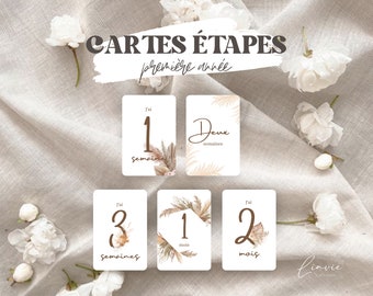 Cartes étapes bébé PDF - Première année - Naissance - Bébé - Boho - 1ere année bébé - 16 cartes - Pampas - Carte à imprimer