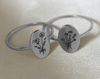 Silver Birth Month Flower Ring, Handmade Custom Gold Ring, Gift to Plant Lady, Personalized Birthday Gift, Gift for Mom, Christmas Gift