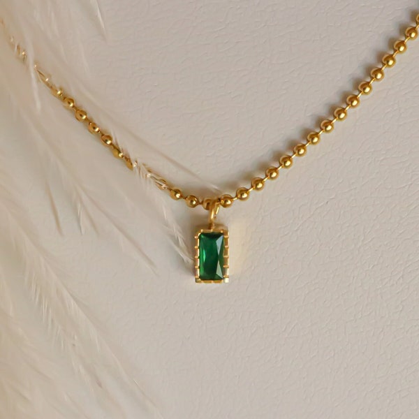 18K Gold Emerald Necklaces, Green Stone Necklace, Waterproof Emerald Cut Pendant Necklace, Christmas Gift, Best friend Gifts, Gift for Her