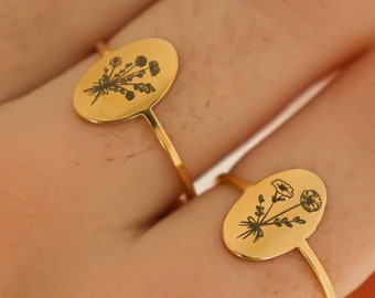 18K Gold Birth Month Flower Ring - Handmade Custom Jewelry, Unique Gift for Plant Lady, Mom, Personalized Birthday and Christmas Gifts