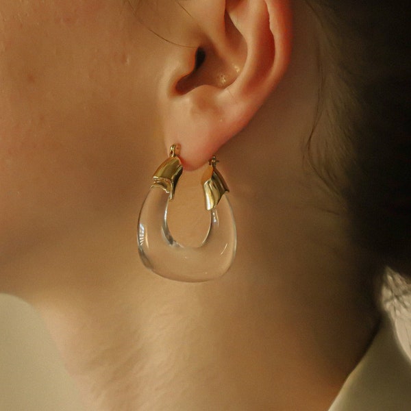 Transparent Oval Hoops, Chunky Clear Hoops, Acrylic Drop Earrings, Wide Gold Hoops, Resin Huggie Hoops, Statement Earrings, Christmas Gift