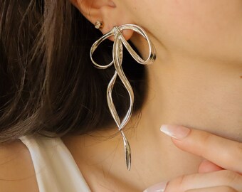 Silver Bow Earrings, Light Weight Silver Ribbon Earrings, Trendy Bow Earrings, Silver Bow Drop Earrings, Bow Jewelry, Bridesmaid Gifts