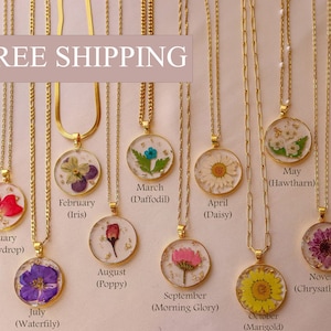 Personalized Birth Flower Necklace - 18K Gold Real Dried Flowers, Thoughtful Gift for Her, Plant Lover, Mom, Christmas, Birthday Gift