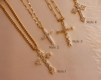 Cross Necklace  Stainless Steel WATERPROOF Jewelry Gold Religious Cross Charm Unisex Women Men Necklace Pray Rosary Pendant  Christmas Gift