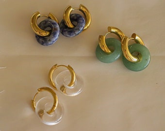 Gold Hoop Earrings, Thick Hoop Earrings, Chunky Gold Hoop, Jade Hope Earring, Natural Stone Earring, Chunky Gold Earring, Large Hoop Earring