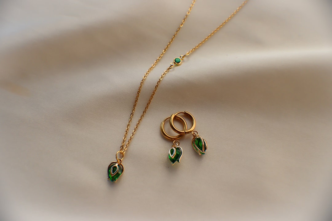 18k Gold Emerald Tulip Necklace, Stainless Steal Crystal Tulip Necklace ...