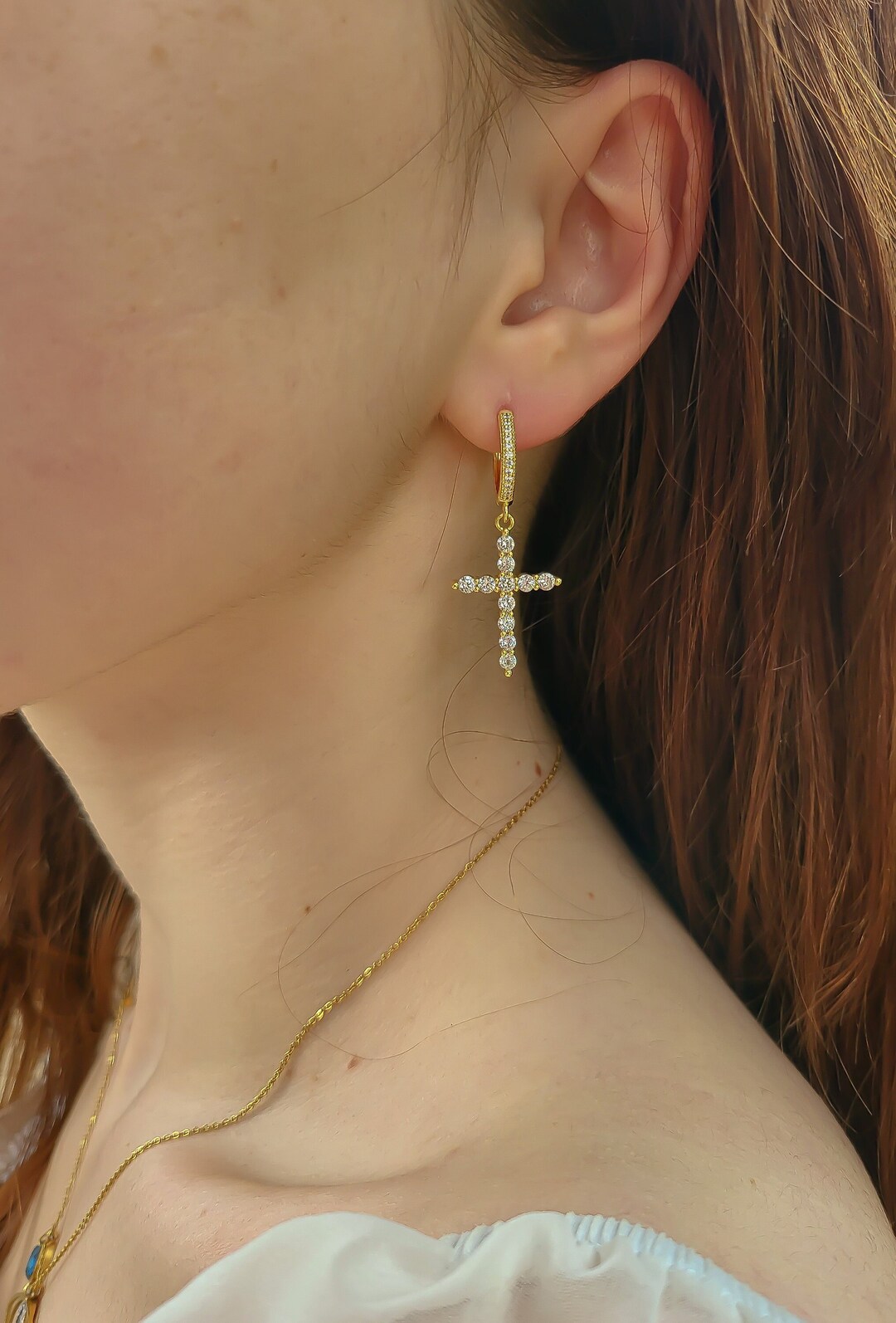 Cross Earrings, Zircon Earrings, Stainless Steel WATERPROOF Earrings, Gold Earrings, Religious ...