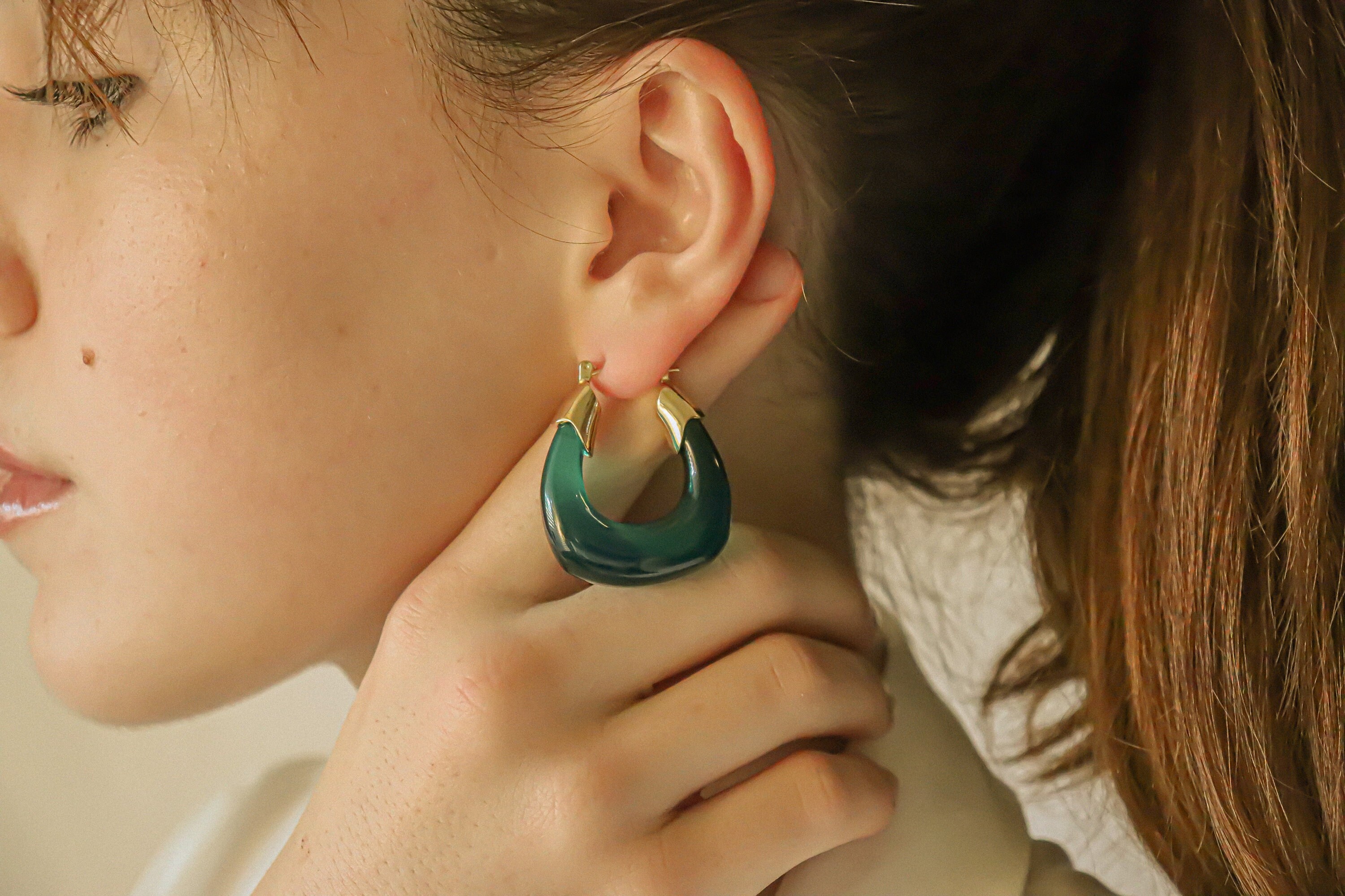 Green Hoop earrings for women, Gold Hoop Earrings, Thick Hoop Earrings, Chunky Gold Earring, Large Hoop Earring , Chunky Jade Earrings Gifts