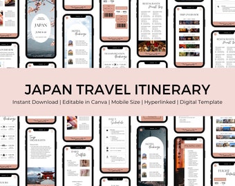 May include: A digital travel itinerary template for a trip to Japan. The template is designed for mobile devices and includes sections for flights, hotels, transportation, restaurants, daily schedules, packing lists, and trip highlights. The template is editable in Canva and includes hyperlinks.