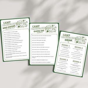 May include: Three printable game cards for a bachelorette party with a camping theme. The cards are green and white with a cartoon illustration of a mountain range and a tent. The first card is titled "Camp Bachelorette Who Knows the Bride Best!" The second card is titled "Camp Bachelorette Guess the Number." The third card is titled "Camp Bachelorette Drink!" and has four rounds of drinking game rules.