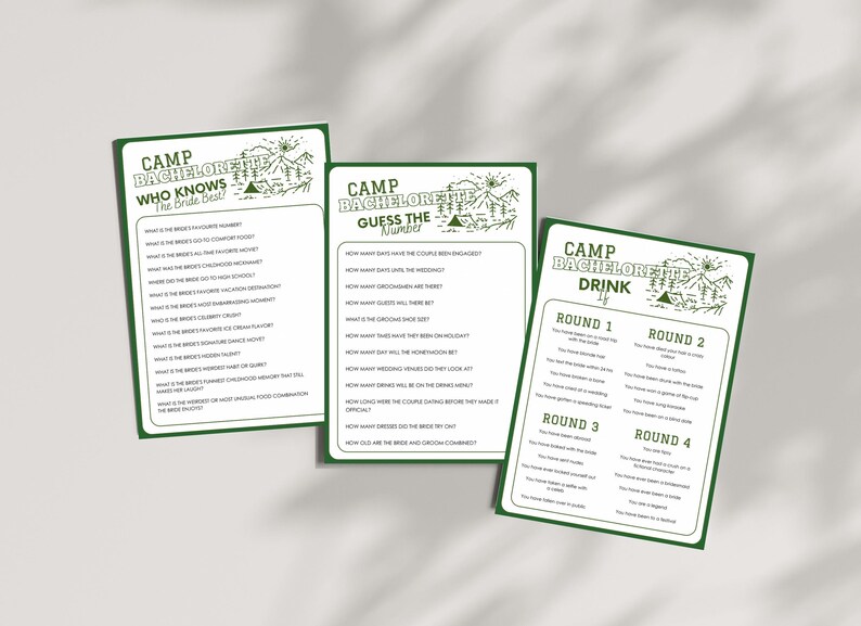 May include: Three printable game cards for a bachelorette party with a camping theme. The cards are green and white with a cartoon illustration of a mountain range and a tent. The first card is titled "Camp Bachelorette Who Knows the Bride Best!" The second card is titled "Camp Bachelorette Guess the Number." The third card is titled "Camp Bachelorette Drink!" and has four rounds of drinking game rules.