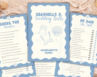 20 Seashells and Wedding Bells Bachelorette Party Games | Bachelorette Games | Editable Printable Games | Hens Party Games | Blue and Beige