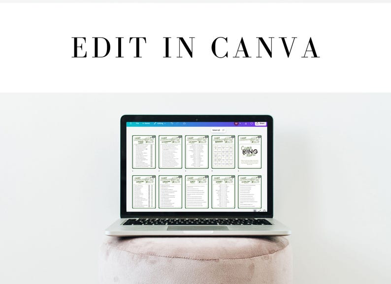 May include: A laptop computer displaying a Canva design for a game of "Campfire Bingo". The design features a green and white color scheme with a list of bingo squares.