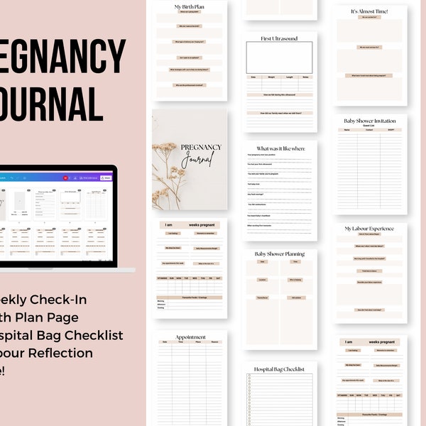 Journal de grossesse | Journal de grossesse imprimable | Projet de naissance | Expérience professionnelle | Enregistrement hebdomadaire | Suivi de grossesse simple |