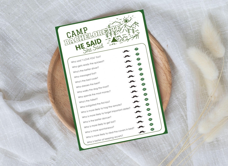 May include: A green and white printable game card with the text "Camp Bachelorette He Said She Said" and a list of questions to ask guests at a bachelorette party.