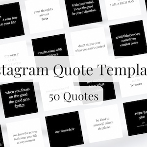 May include: Black and white Instagram quote templates with text such as "Your thoughts are not facts", "Train your mind to see the good in every situation", "Results come with consistency", "Don't stress over what you can't control", "Good things never come from comfort zones", "Make yourself so proud", "When you focus on the good, the good gets better", "You have the power to change your life at any moment", "Start somewhere", "Be kind to yourself, others, the planet", and "Here we glow".