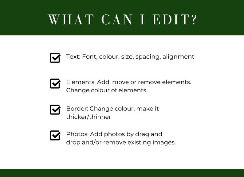 May include: A checklist with checkmarks next to each item. The list includes options for editing text, elements, borders, and photos. The text reads "WHAT CAN I EDIT?"