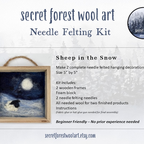 Needle Felting Kit - Sheep In the Snow 2D Landscape - Beginner Friendly Tutorial - Creates 2 framed wool hanging ornaments / wall art 5"x5"