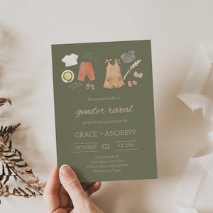 Gender Reveal Einladung Baby Kleidung, Boho bearbeitbare Vorlage, er oder sie, bearbeitbare Vorlage, digitale Boho Einladung, Junge oder Mädchen