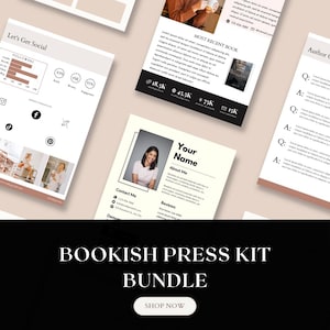May include: A bundle of marketing materials, including a press kit, social media templates, and author Q&A sheets. The design features a neutral color palette with images and text. The text includes "Let's Get Social", "Most Recent Book", and "Your Name".