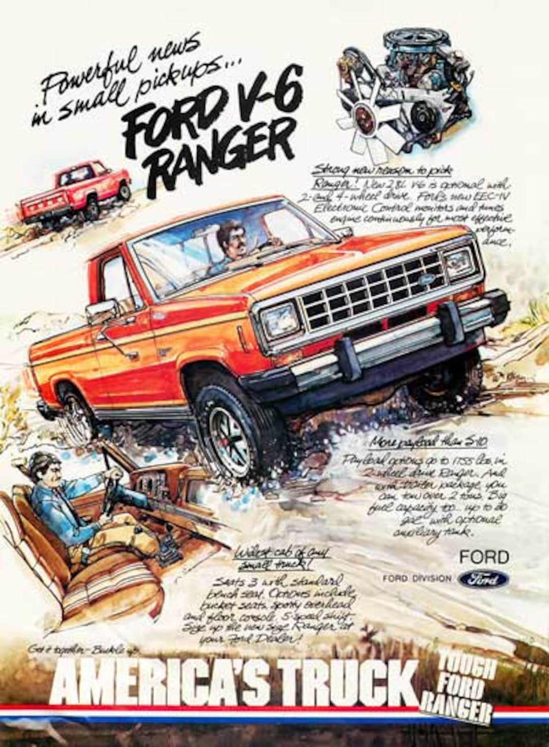 80s Ad, Ford Ranger V6 Truck Poster Art, Truck, Vintage, Mural, Vintage ...