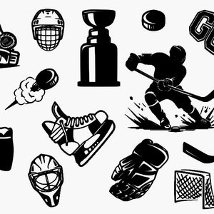 May include: Black and white illustrations of hockey equipment and players.  The illustrations include a hockey stick, a hockey puck, a hockey net, a hockey player skating, a hockey player holding a hockey stick, a hockey goalie, a hockey glove, a hockey skate, and a hockey trophy.  The text "GOAL!" is also included in the image.