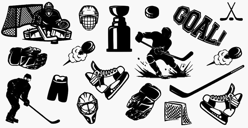 May include: Black and white illustrations of hockey equipment and players.  The illustrations include a hockey stick, a hockey puck, a hockey net, a hockey player skating, a hockey player holding a hockey stick, a hockey goalie, a hockey glove, a hockey skate, and a hockey trophy.  The text "GOAL!" is also included in the image.
