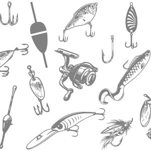 May include: A collection of various fishing lures and tackle, including hooks, spinners, and a fishing reel, all in a grayscale illustration style. The image showcases different designs and shapes of fishing equipment.