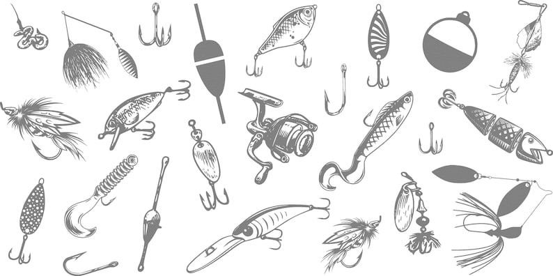 May include: A collection of various fishing lures and tackle, including hooks, spinners, and a fishing reel, all in a grayscale illustration style. The image showcases different designs and shapes of fishing equipment.