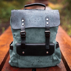 MORGNTAU Canvas Leather Vintage Backpack "Kurier" Blue