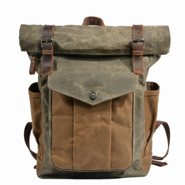 MORGNTAU Canvas Leder Rucksack Rolltop "Traveler", Vintage Rucksack aus Handarbeit, Retro Rucksack für Damen und Herren, Laptop Rucksack