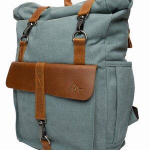 MORGNTAU Canvas Leather Rolltop Backpack Vintage Style Ukiyo Blue image 7