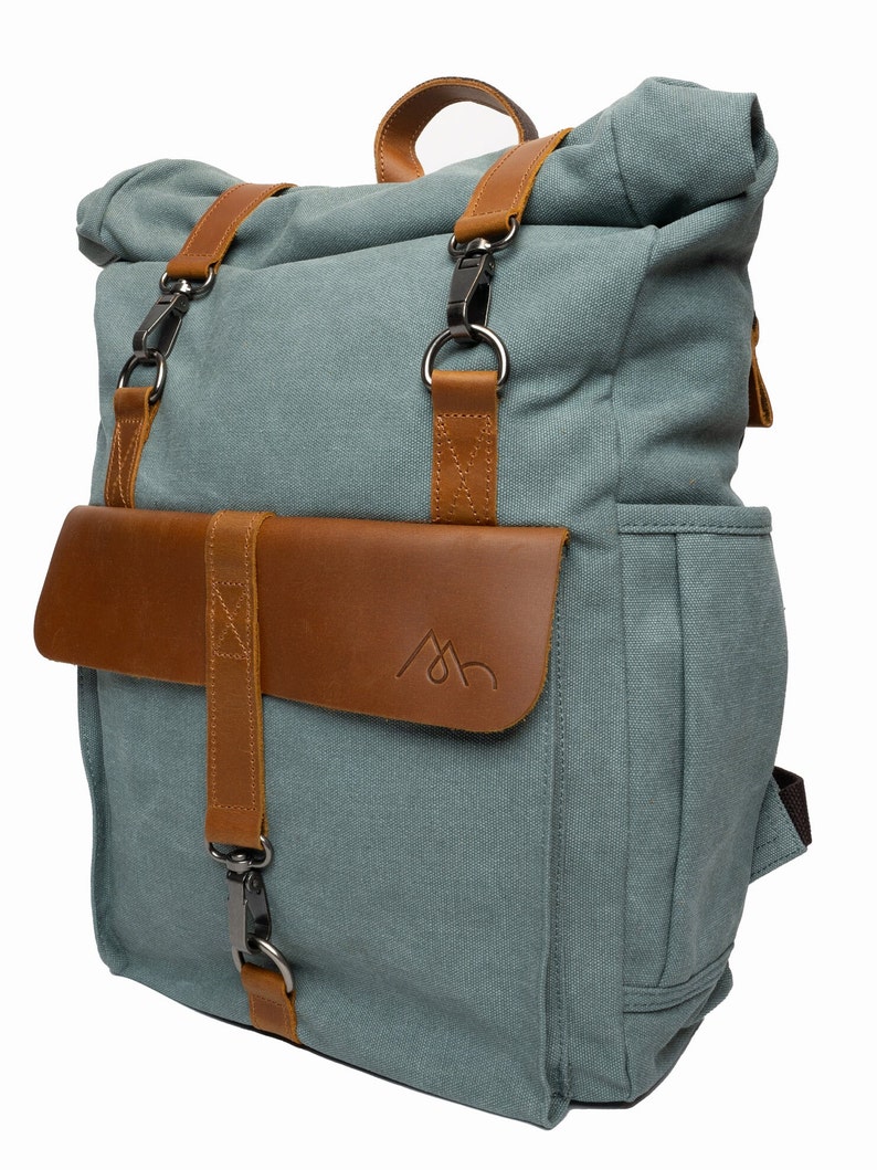 MORGNTAU Canvas Leder Rolltop-Rucksack Vintage Style Ukiyo Blau Bild 7