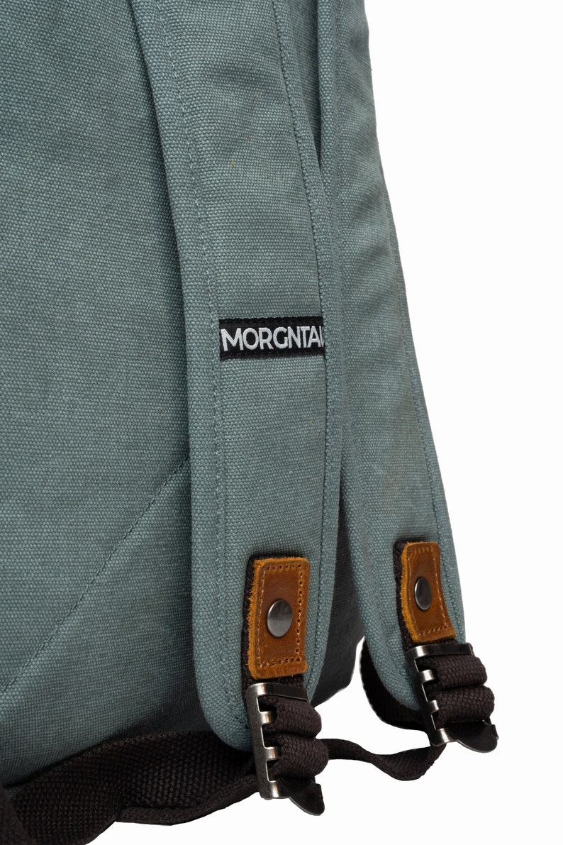 MORGNTAU Canvas Leather Rolltop Backpack Vintage Style Ukiyo Blue image 2