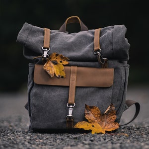 MORGNTAU Canvas Leather Rolltop Backpack Vintage Style "Ukiyo" Gray