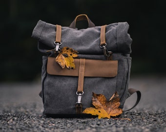 MORGNTAU Canvas Leder Rolltop-Rucksack Vintage Style "Ukiyo" Grau