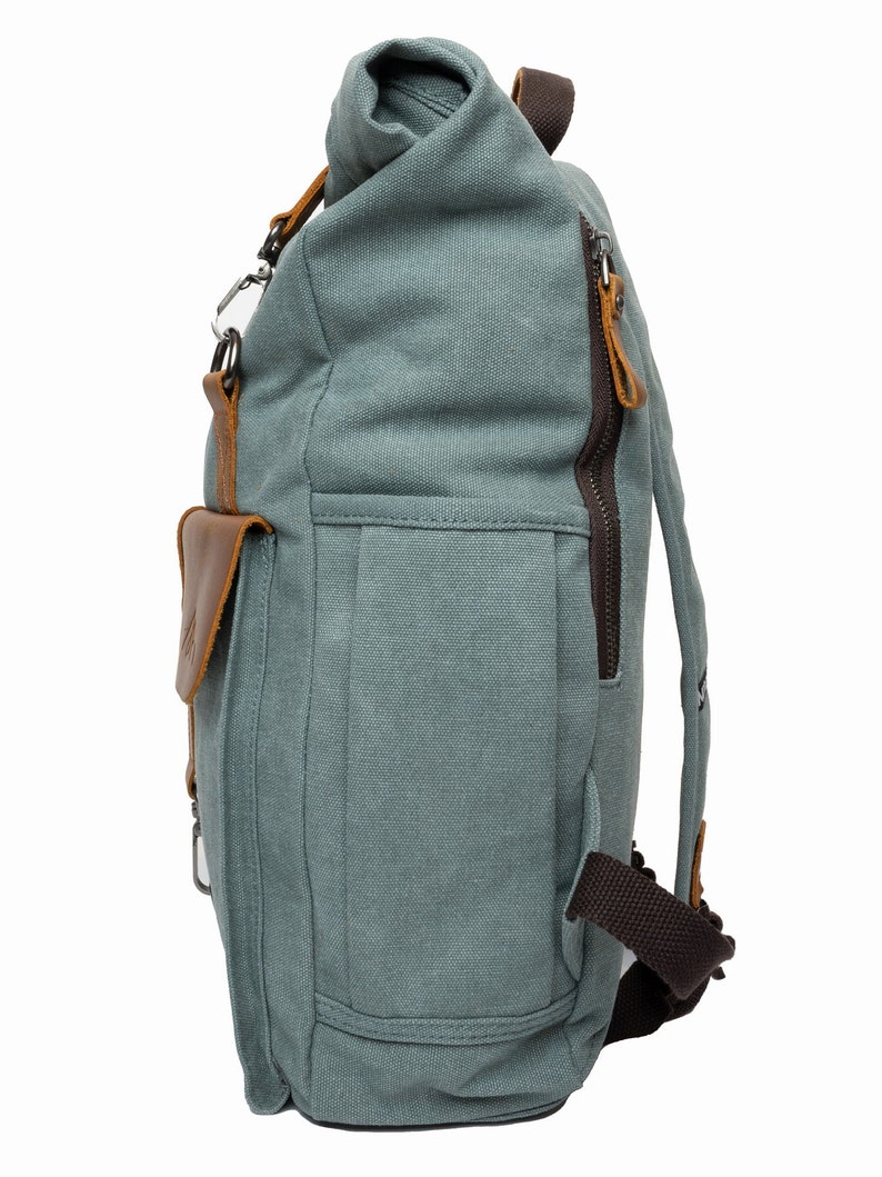 MORGNTAU Canvas Leather Rolltop Backpack Vintage Style Ukiyo Blue image 3