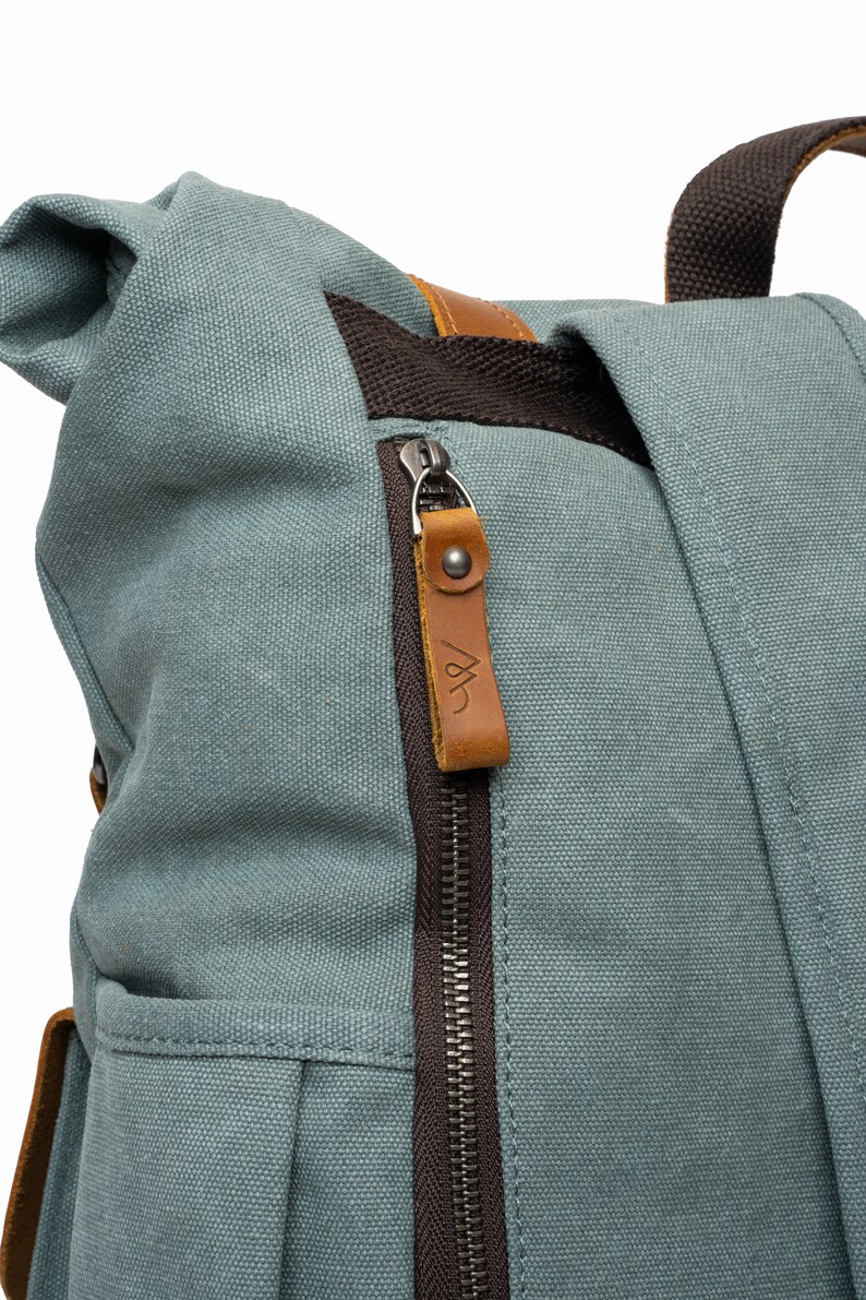 MORGNTAU Canvas Leder Rolltop-Rucksack Vintage Style Ukiyo Blau Bild 5