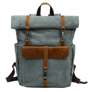 MORGNTAU Canvas Leder Rolltop-Rucksack Vintage Style Ukiyo Blau Bild 1