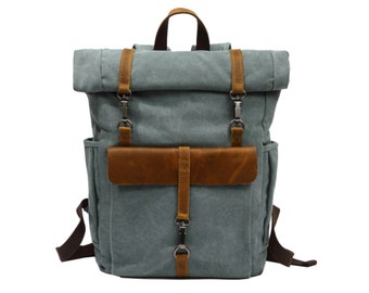 MORGNTAU Canvas Leather Rolltop Backpack Vintage Style "Ukiyo" Blue